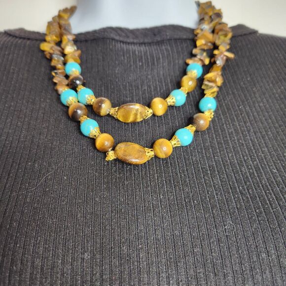 Gemstone Tiger Eye Beaded Necklace 19 in. Double Strand Earthy Boho Healing - Picture 2 of 9